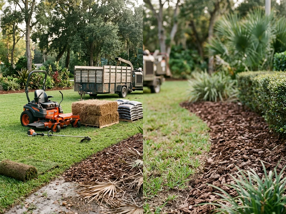 Lawn care crew with equipment and tools ready for service work in a residential yard setting.