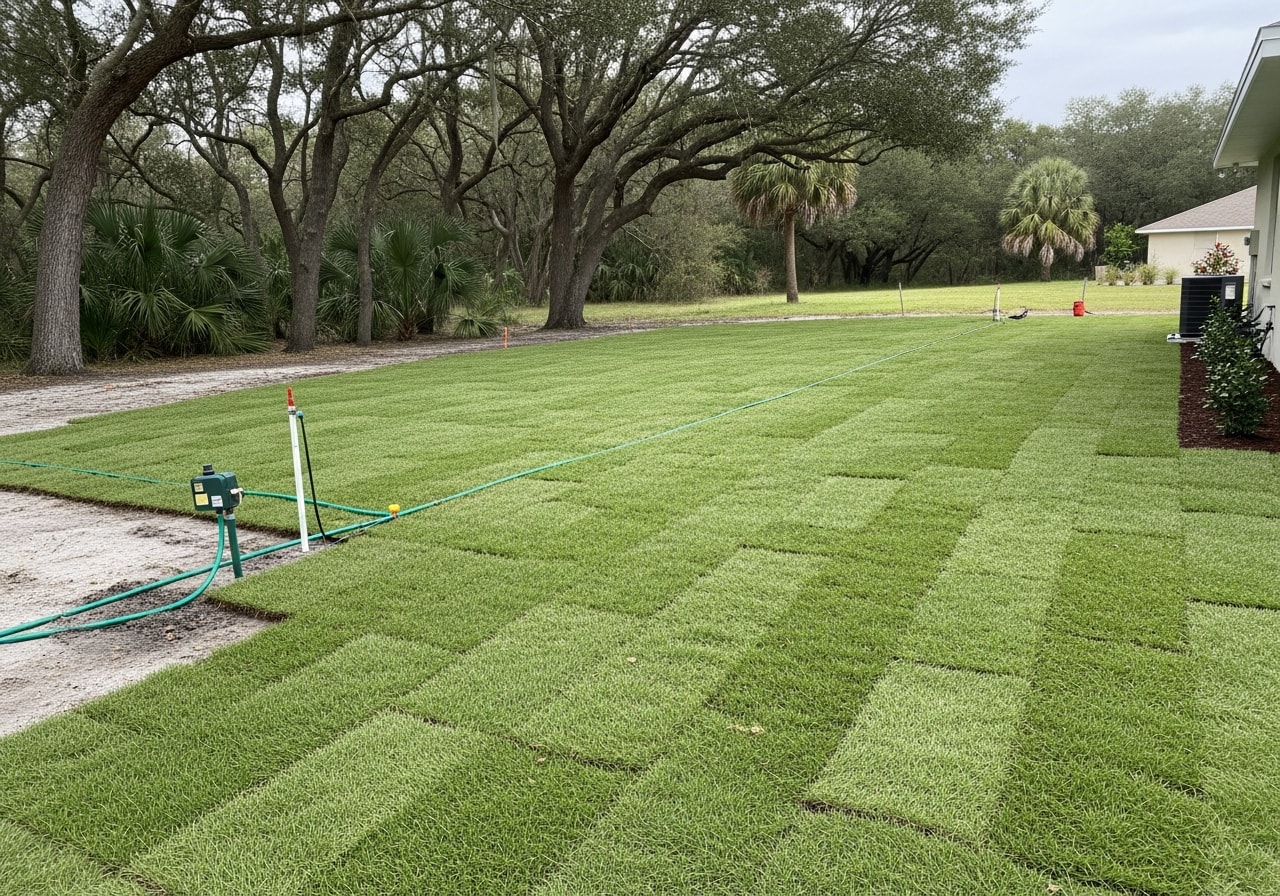 Freshly installed sod lawn with irrigation system in Orange City residential yard