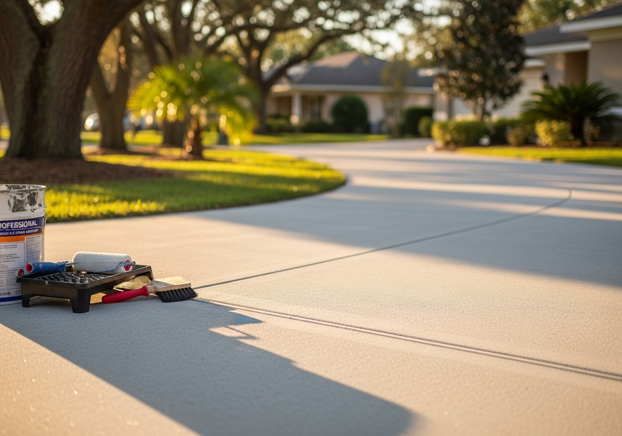 New concrete driveway and walkway in Orange City with broom finish