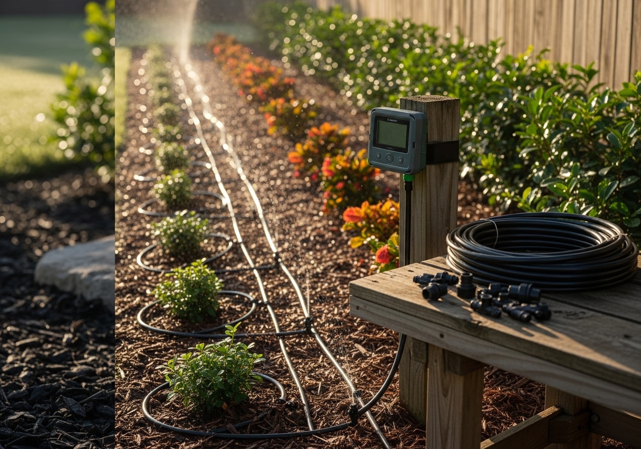 Drip irrigation lines installed in Mount Dora landscape beds with timer controller