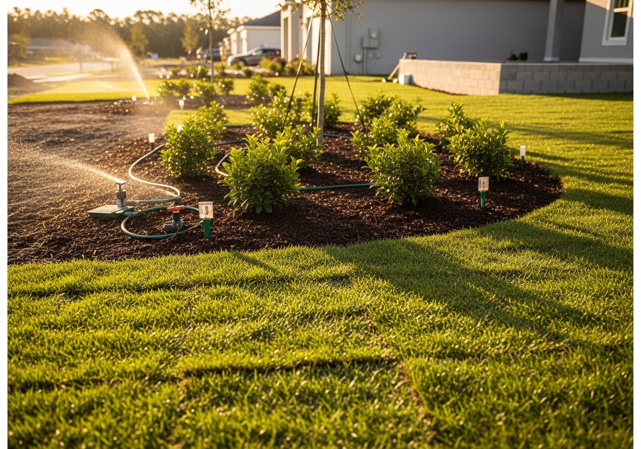 Newly installed landscape with sod, shrubs, and irrigation in Orlando
