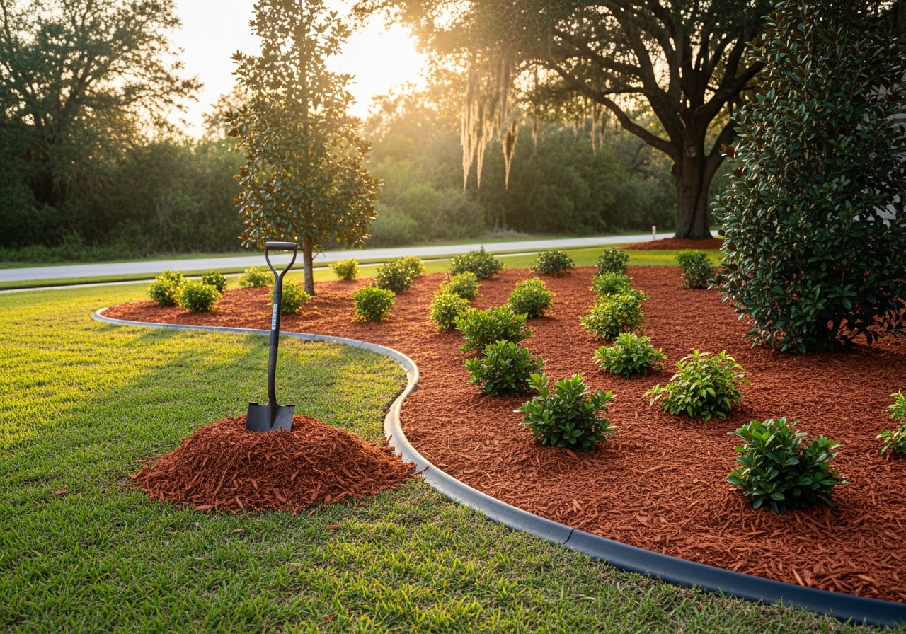 Fresh cedar mulch and new plantings in Sanford landscape beds