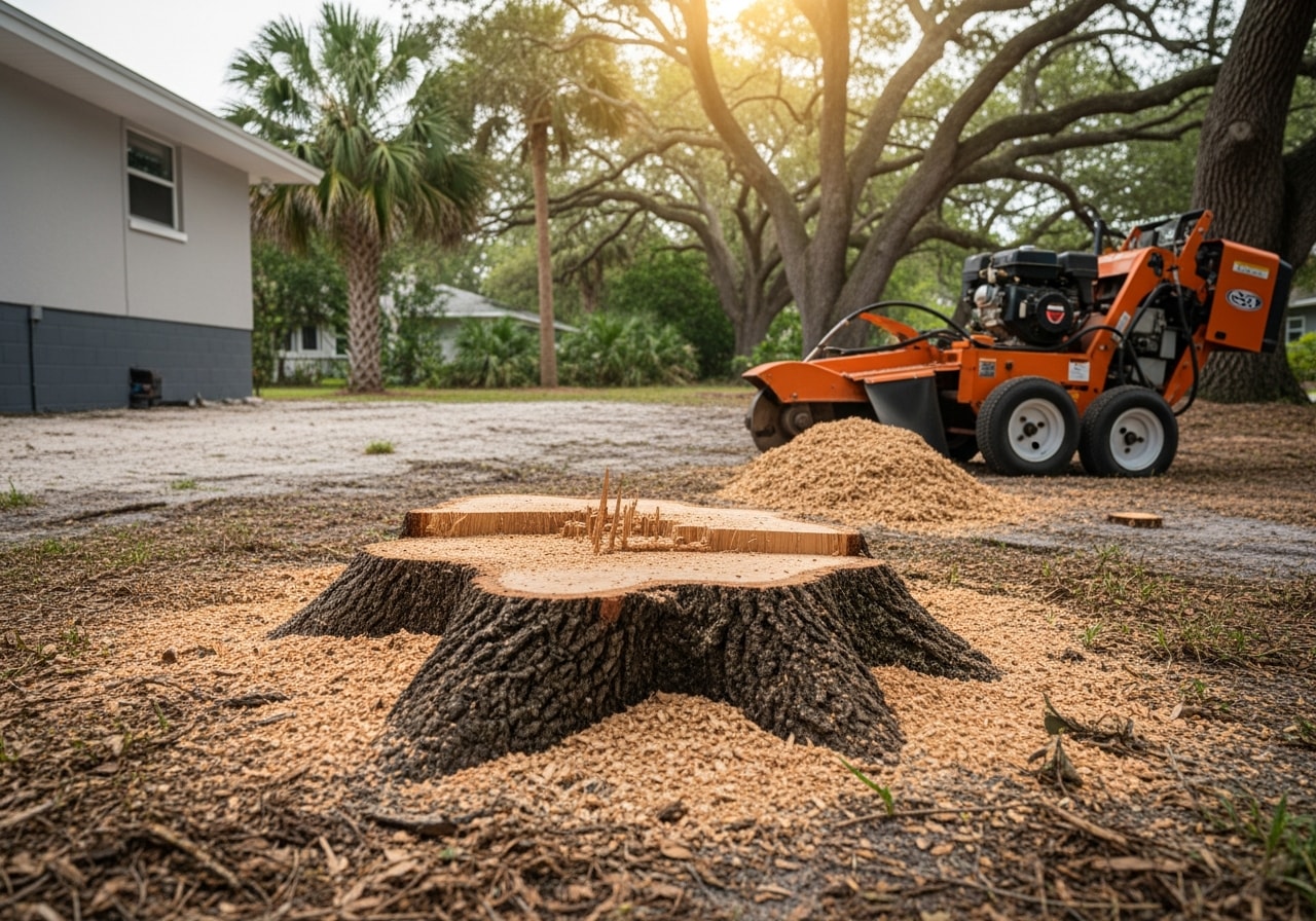 Removed oak tree stump area in Daytona Beach backyard with cleared debris