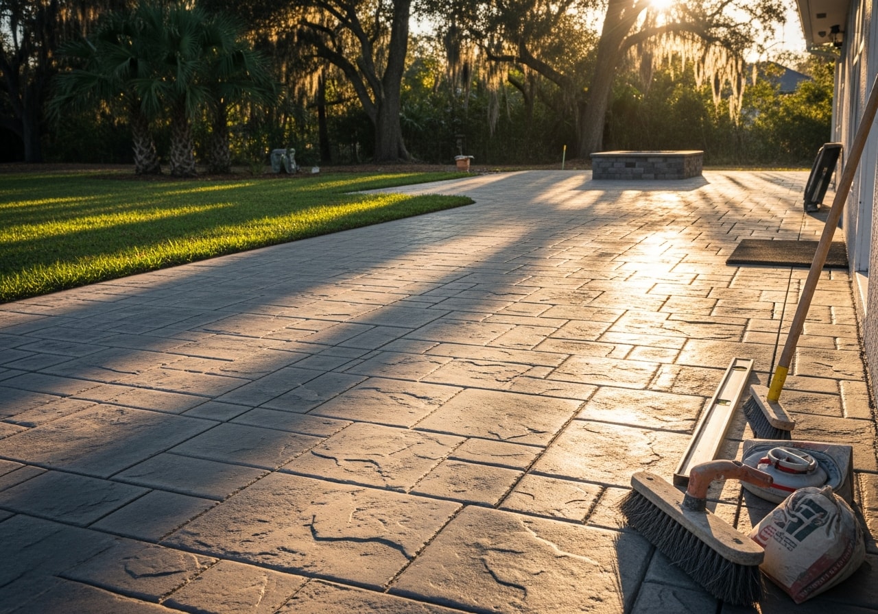 Slate-pattern stamped concrete patio in Orlando with seating area
