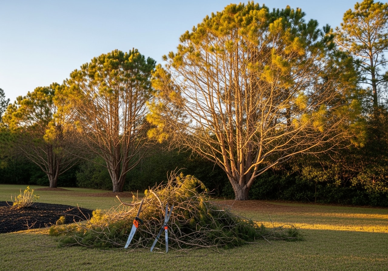 Pruned pine trees with cleaned canopy in Eustis residential yard