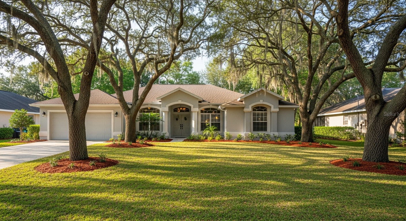 Residential street in Orange City with mature oak trees and single-family homes typical of central Volusia County neighborhoods.