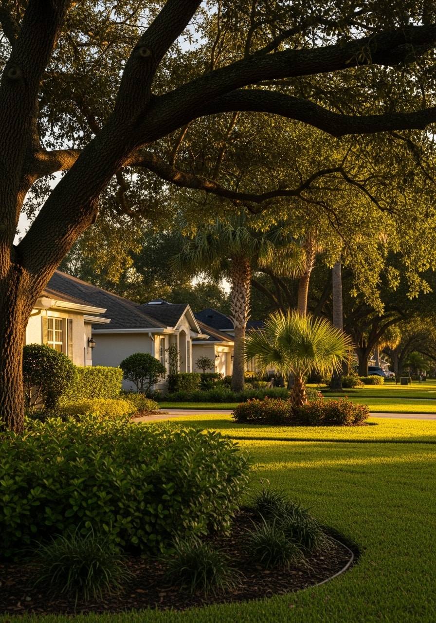 Modern Orlando residential neighborhood with tree-lined street and contemporary home architecture.