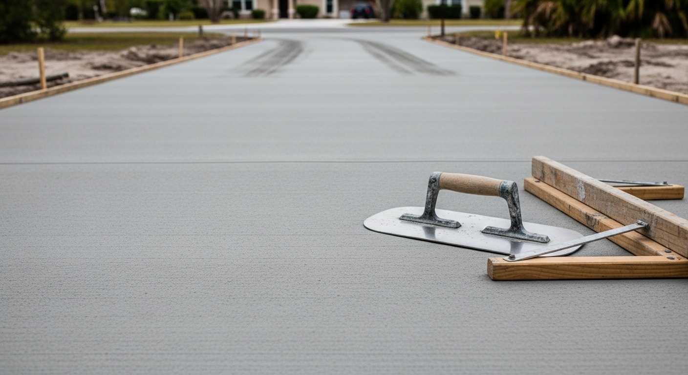 Freshly poured and finished concrete driveway at a residential property in Orange City, Iowa. The surface is smooth, edged cleanly, and extends from the street to the garage.