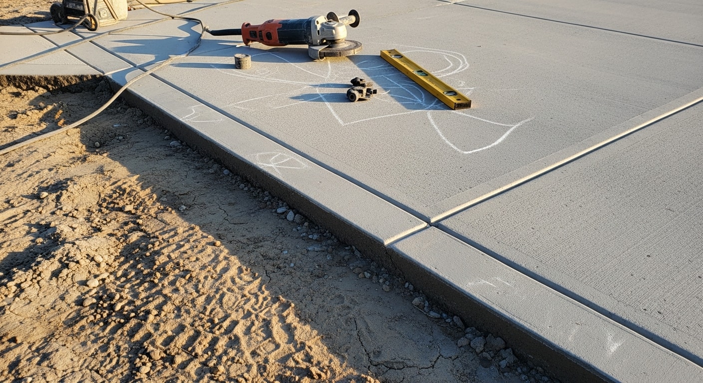 A repaired concrete driveway in Orange City, FL showing a smooth, sealed surface with filled cracks and level slab sections. A residential home exterior is visible in the background against a clear Florida sky.