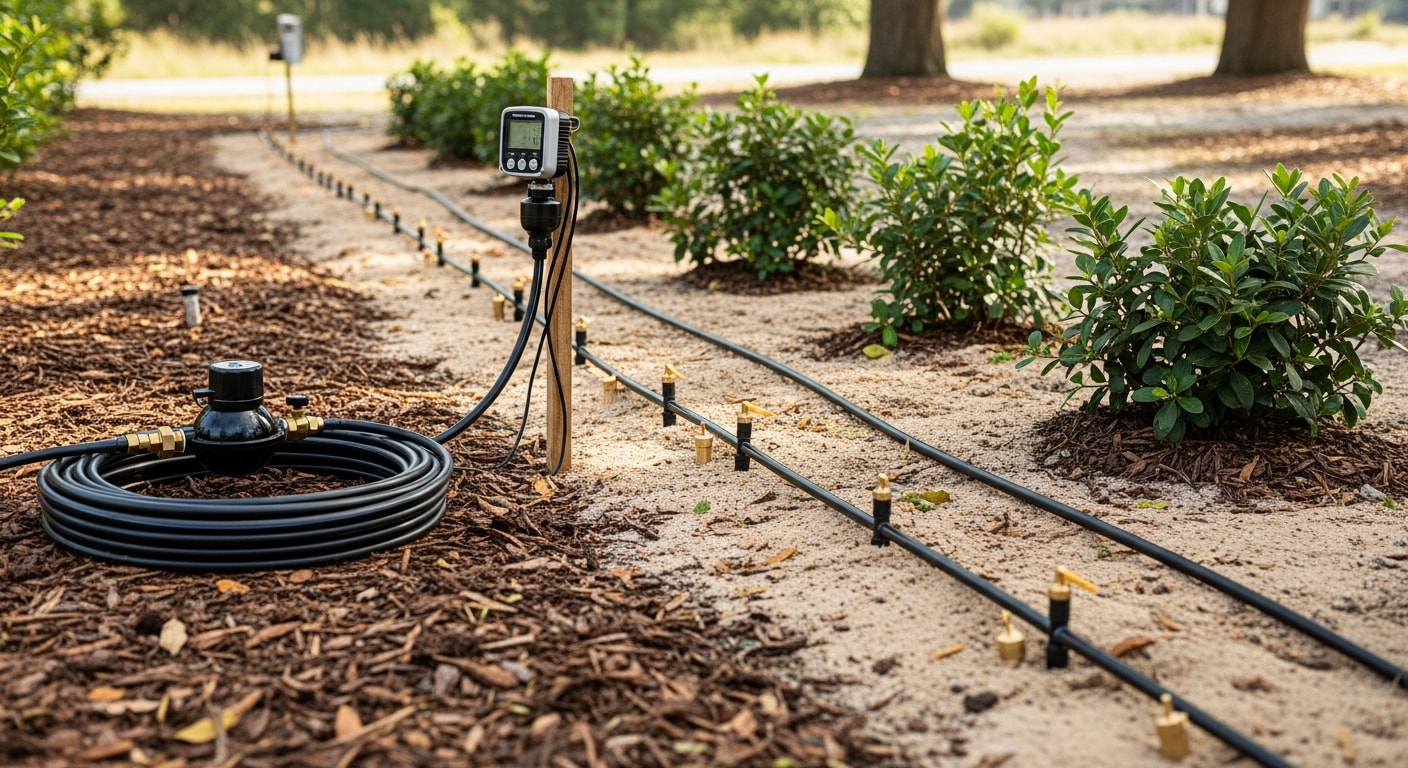Drip irrigation tubing and emitters installed along a residential garden bed in Orange City, FL, with mulch covering the lines and green shrubs in the background. A Biz Lawn And Tree Services technician checks an emitter connection near the base of a flowering plant.