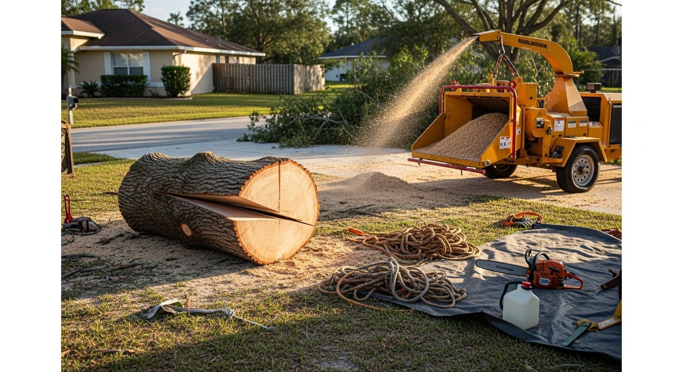 A large storm-damaged tree being removed in sections from a residential yard in Orange City, Florida. A crew member on the ground guides cut limbs away from the home's roofline while a cleared driveway is visible in the background.
