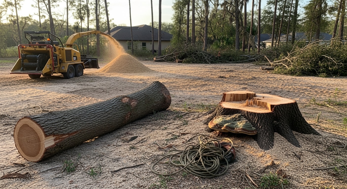 A large hazardous tree with visible trunk decay and dead limbs being professionally removed in a residential yard in Orange City, Florida. A tree service crew works near a single-family home, with cut sections on the ground and the surrounding lawn clear of debris.