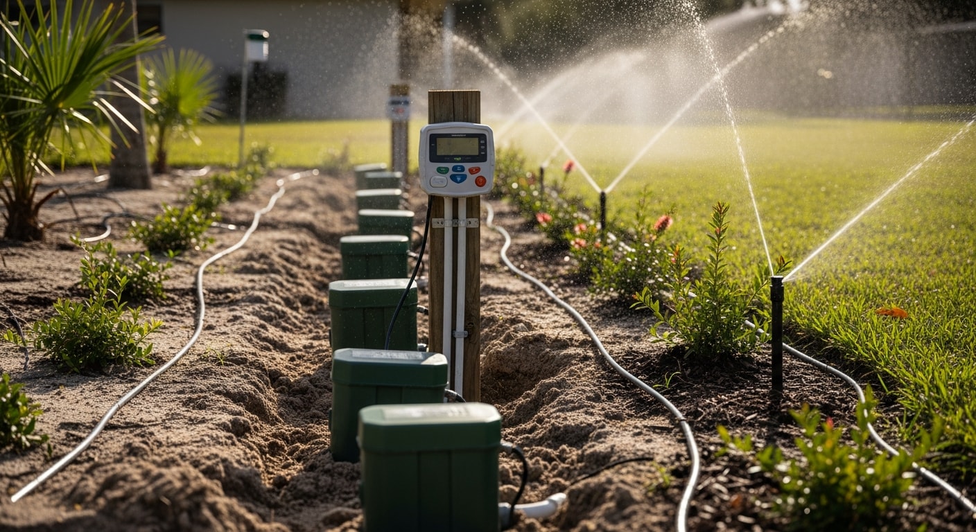 A freshly installed in-ground sprinkler system running across a green residential lawn in Orange City, Florida, with pop-up heads watering separate turf and landscape bed zones on a sunny morning.