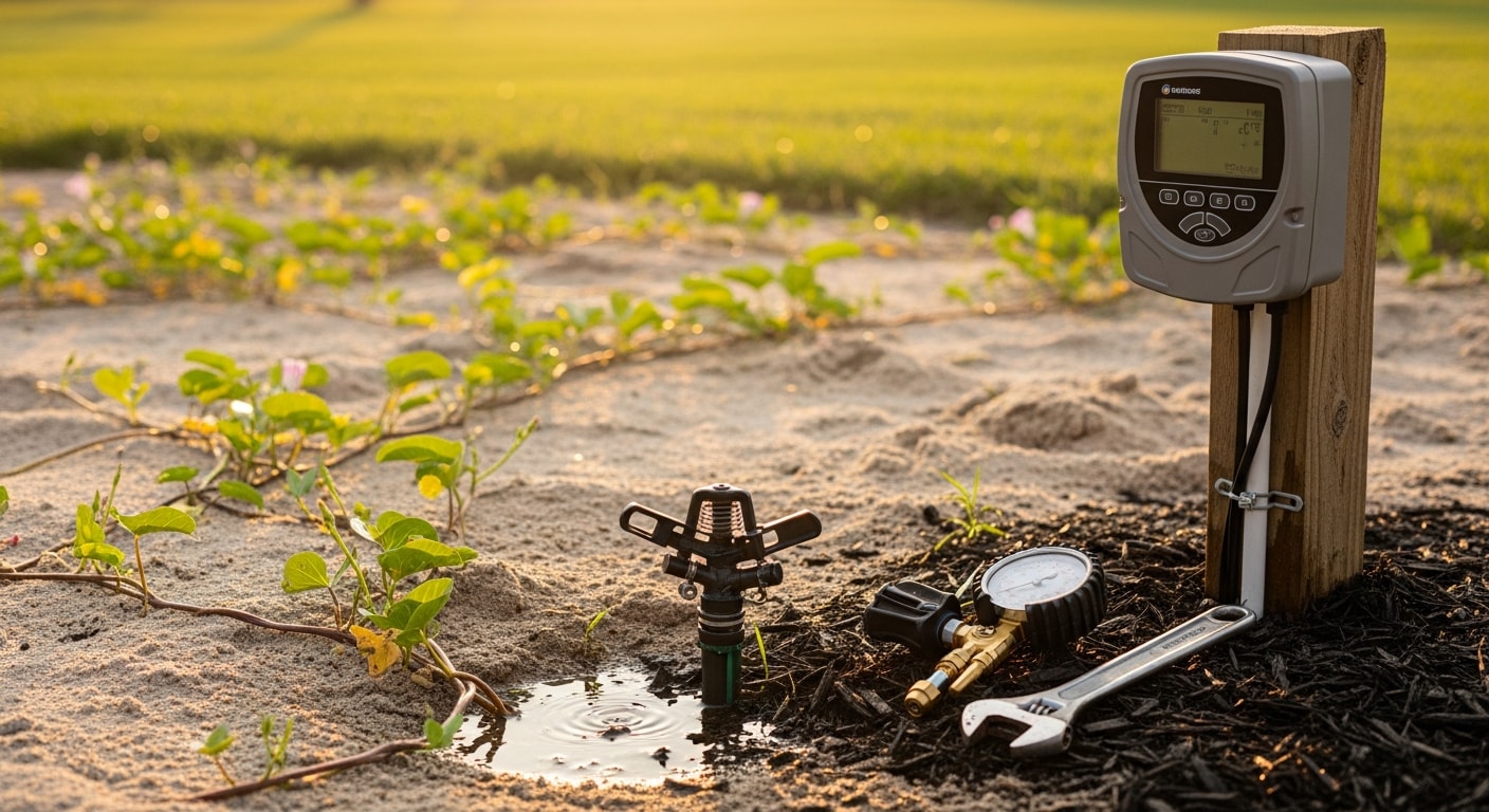A Biz Lawn And Tree Services technician adjusting a sprinkler head in a well-maintained residential lawn in Orange City, Florida. The surrounding turf shows even green coverage with no dry patches.