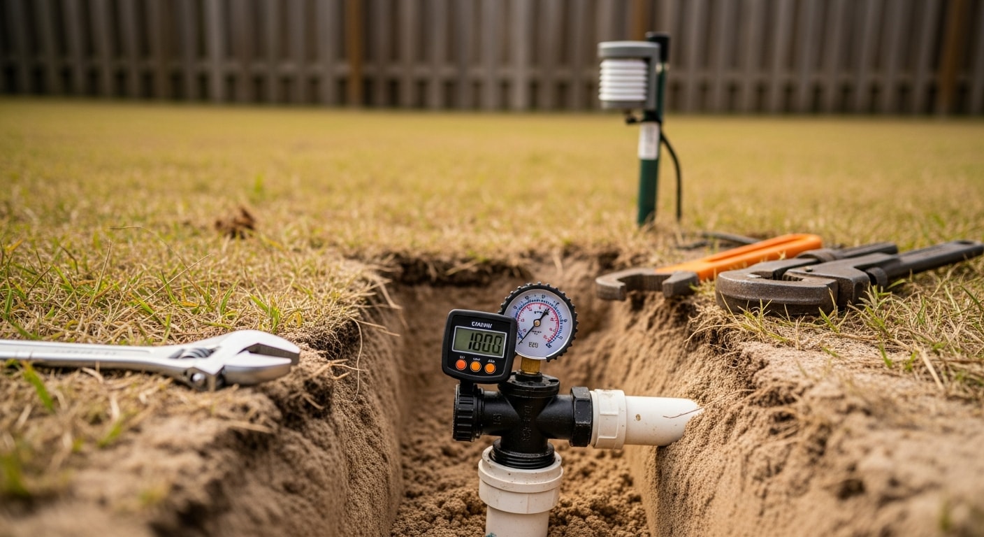 A Biz Lawn And Tree Services technician inspecting and repairing a pop-up sprinkler head in a residential yard in Orange City, FL. Green St. Augustine turf surrounds the repair area on a sunny Central Florida morning.