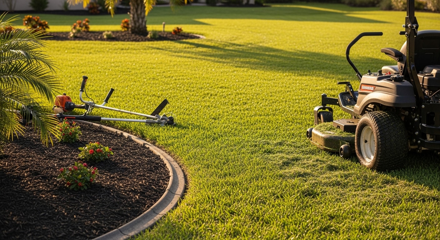 A neatly mowed and edged residential lawn in Orange City, FL with clean turf lines and trimmed borders along a concrete driveway. The yard shows even grass height and defined edges typical of a freshly completed lawn maintenance visit by Biz Lawn And Tree Services.