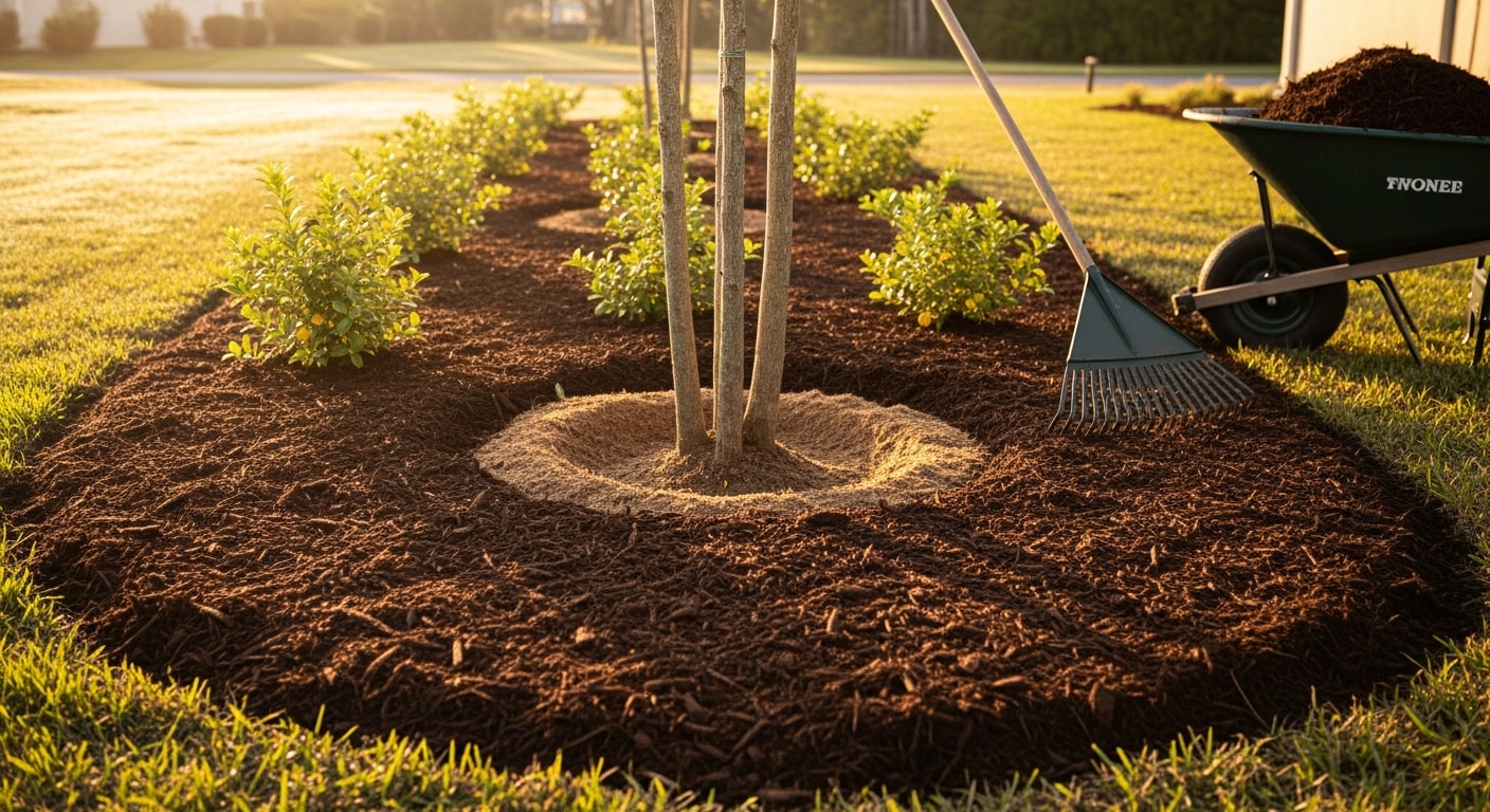 Freshly installed dark mulch covering a residential landscape bed in Orange City, Florida, with neatly edged borders around shrubs and plants. A lawn care crew member spreads mulch evenly around tree bases in a Central Florida front yard.