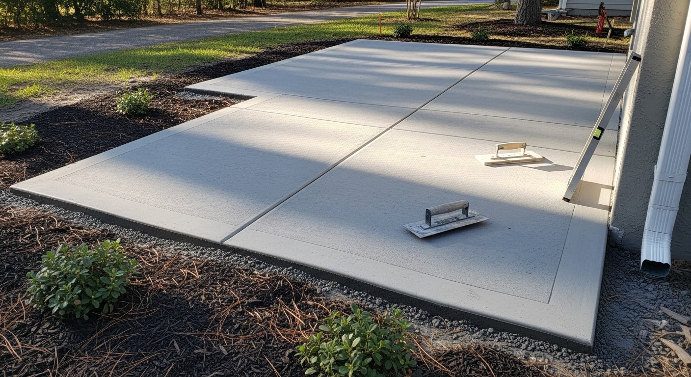 A freshly poured and finished concrete patio in a residential backyard in Orange City, Iowa, with clean edges, a broom-finish surface texture, and open space for outdoor furniture. The slab sits flush against the back of a single-story home with a grassy yard surrounding it.