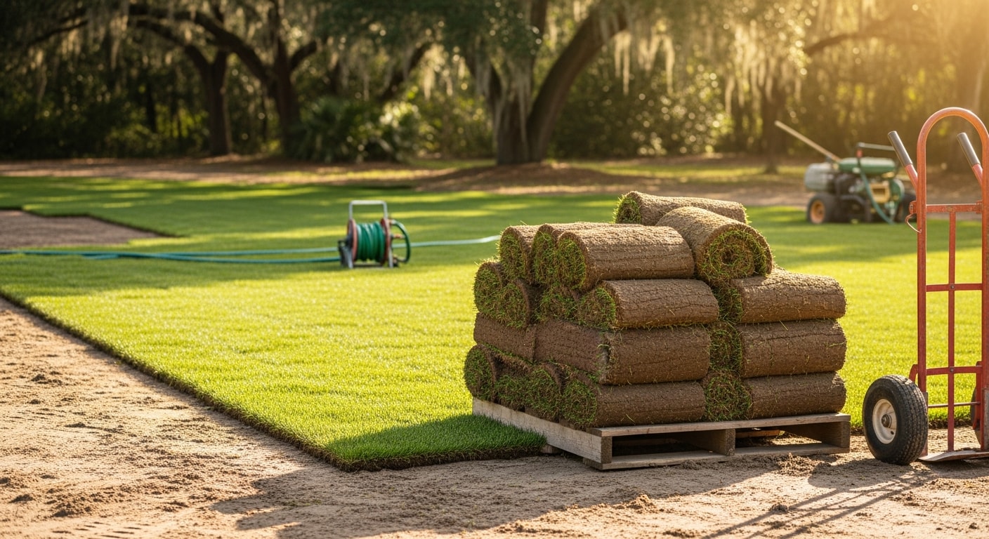 Freshly installed green sod covering a residential front yard in Orange City, FL, with clean edges and uniform coverage across the full lawn area. A lawn care crew from Biz Lawn And Tree Services completes the final placement of sod pieces on prepared, level soil.