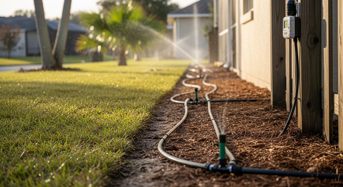 A freshly installed in-ground sprinkler system running across a green residential lawn in Orange City, Florida. Multiple pop-up heads provide even coverage across separate turf and plant bed zones on a sunny Central Florida morning.