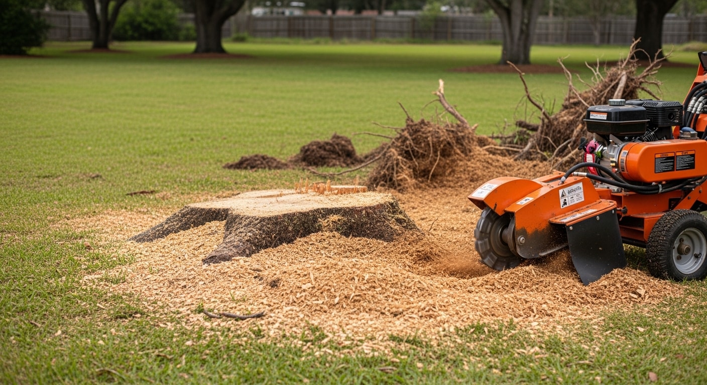 A freshly ground tree stump in an Orange City, FL residential backyard, with wood chip debris spread across the soil surface and surrounding lawn visible. The grinding site is level and clear, showing the yard ready for new sod or landscaping.