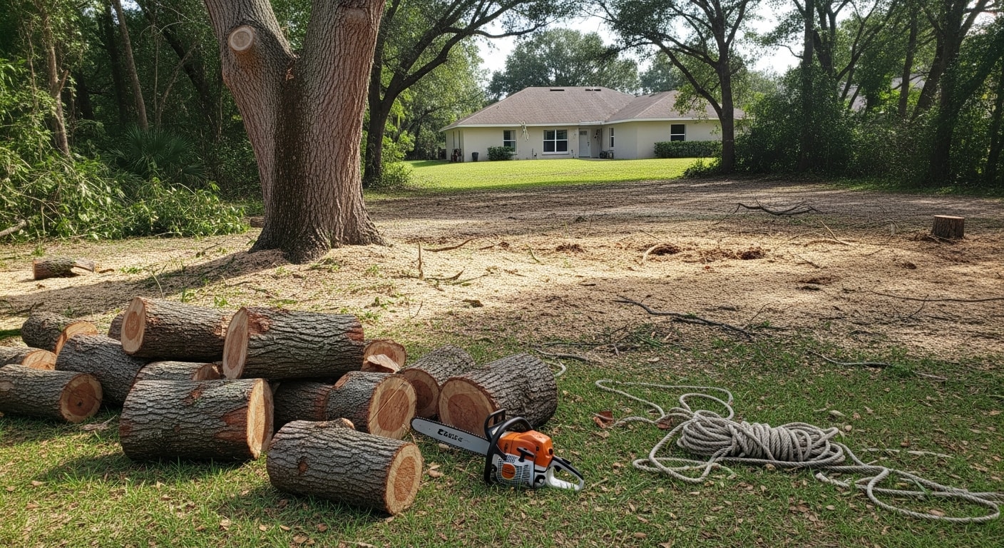 A large storm-damaged tree being removed from a residential yard in Orange City, Iowa, with a crew using rigging equipment to lower sections away from the house. The cleared yard shows clean ground after full debris removal.