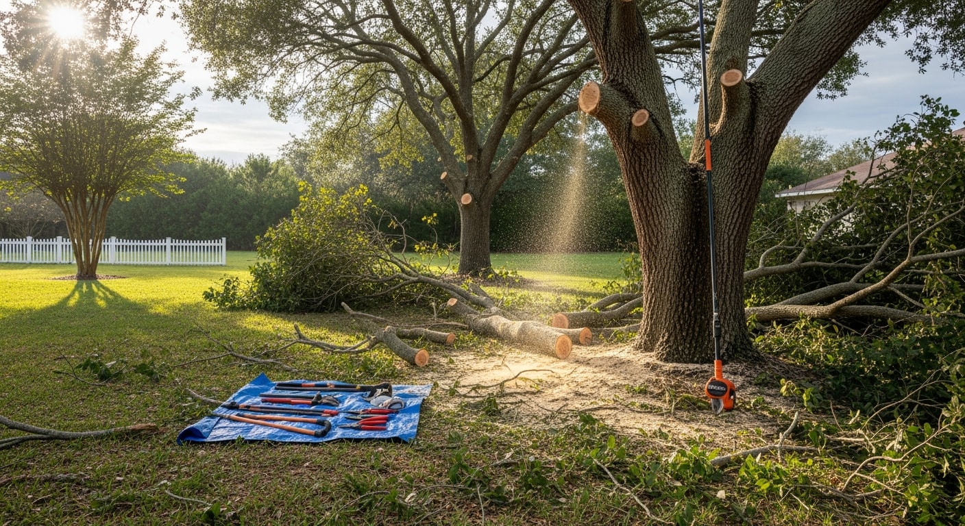 A certified tree trimmer from Biz Lawn And Tree Services removing overgrown branches from a large oak tree in a residential yard in Orange City, FL. The trimmed canopy reveals a clean, open structure with no branches hanging over the nearby roofline.